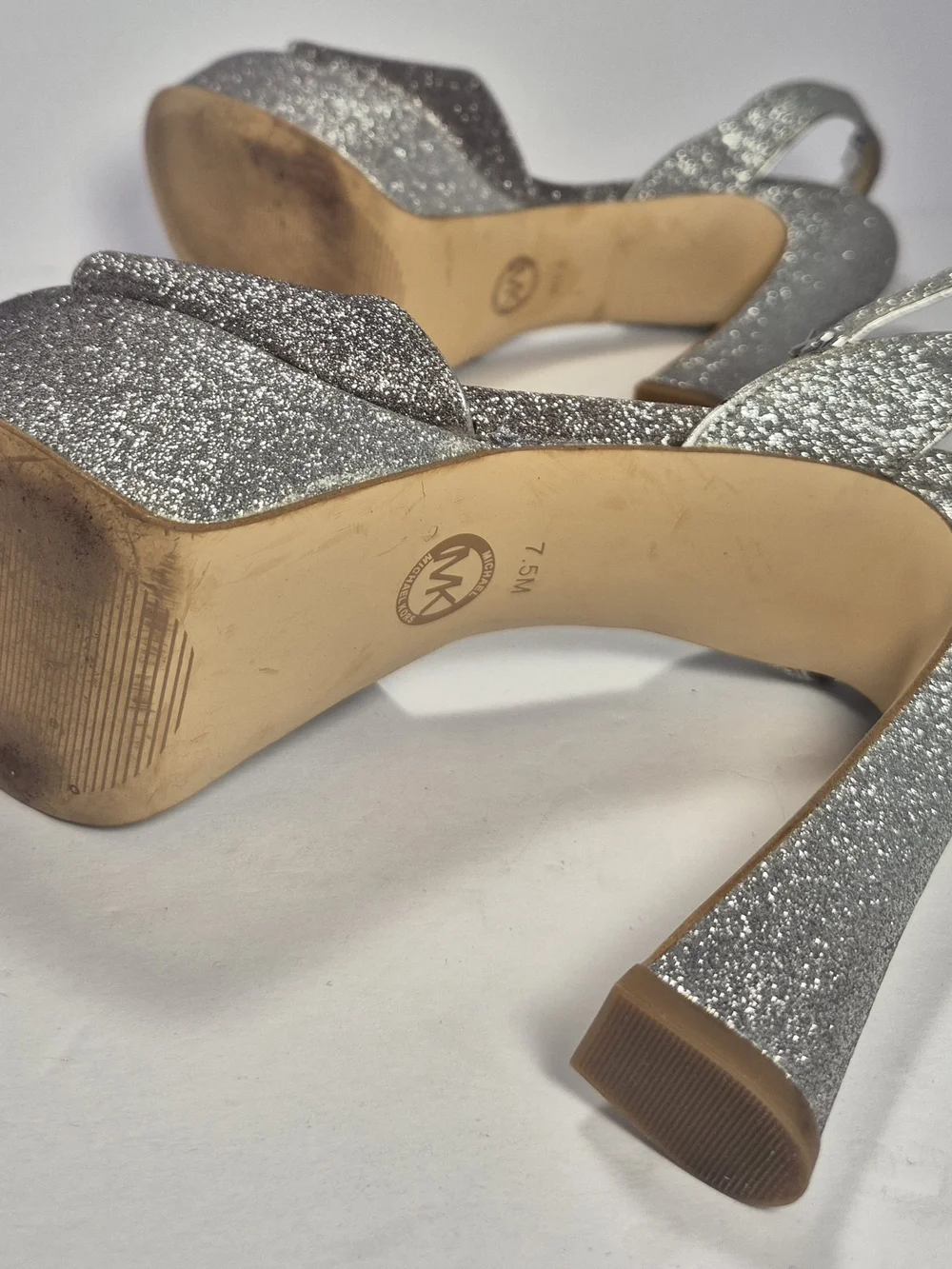Michael Kors Silver Glitter Chunky Platform Sandals Ankle Strap Buckle Closure